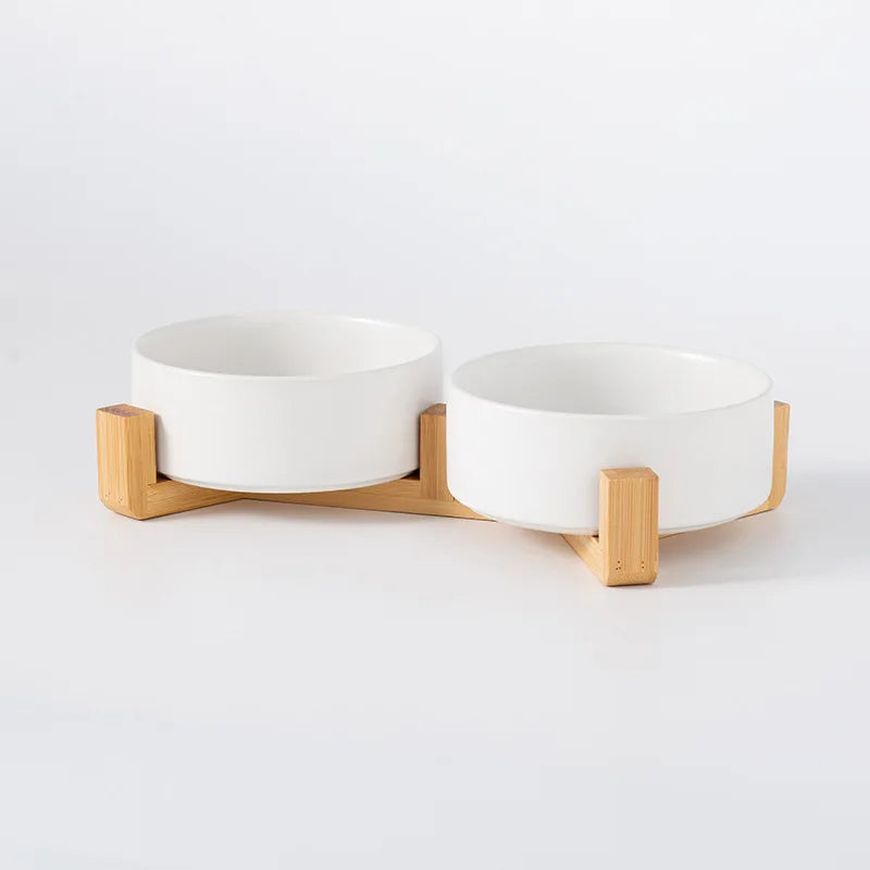 Ceramic Pet Bowl Dish With Wood Stand Single and Double Bowls Pet Ceramic Double Bowl For Dog Cat Food Water Feeder