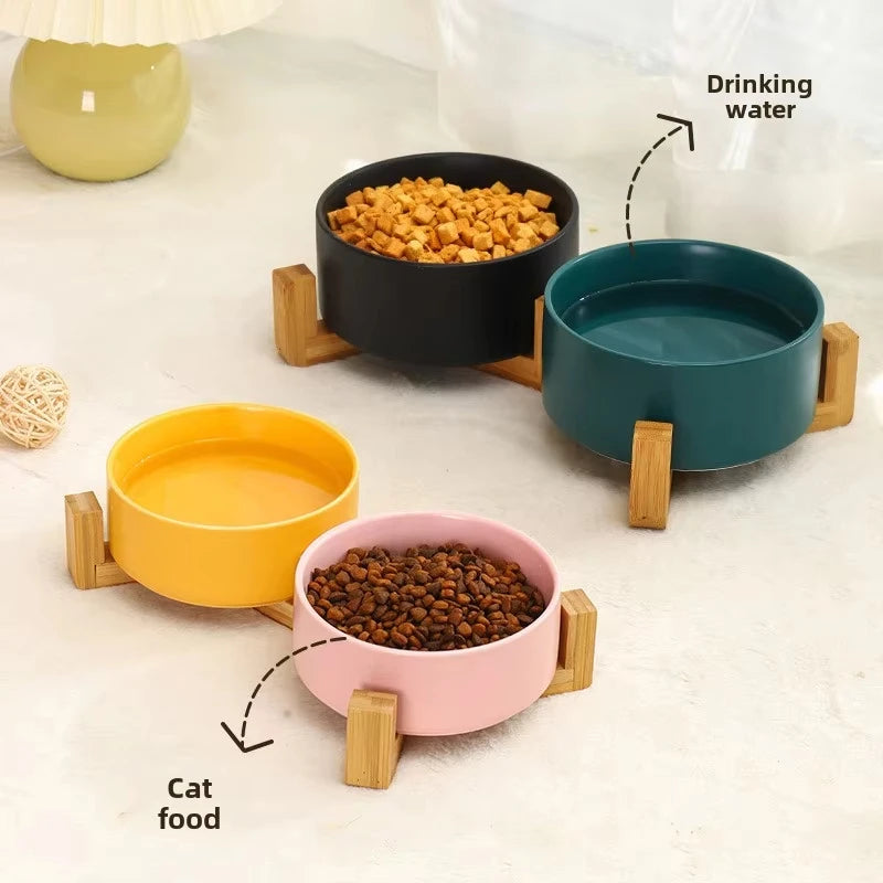 Ceramic Pet Bowl Dish With Wood Stand Single and Double Bowls Pet Ceramic Double Bowl For Dog Cat Food Water Feeder