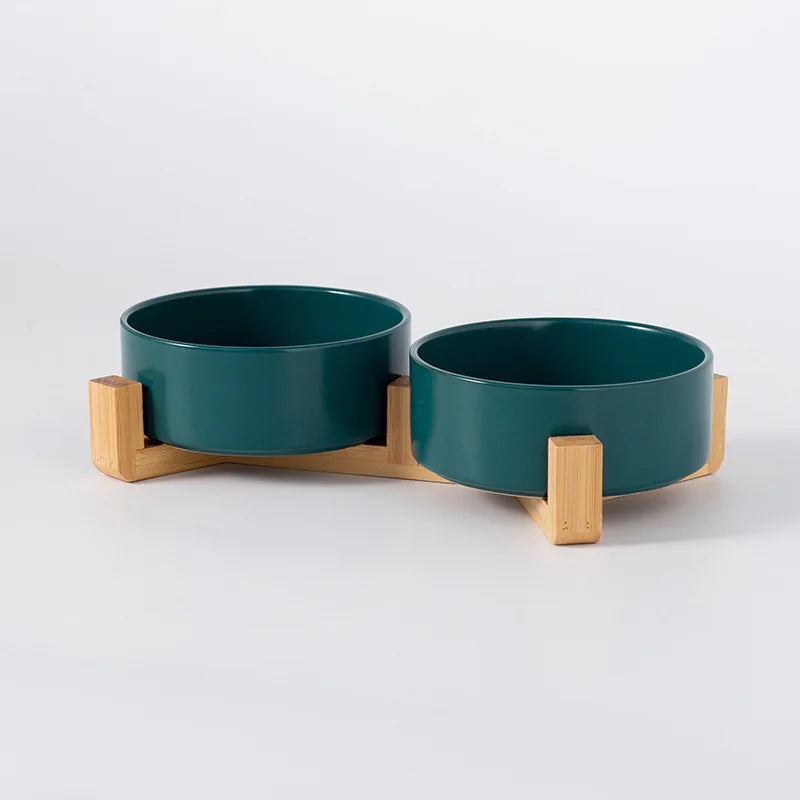 Ceramic Pet Bowl Dish With Wood Stand Single and Double Bowls Pet Ceramic Double Bowl For Dog Cat Food Water Feeder