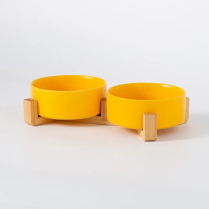 Ceramic Pet Bowl Dish With Wood Stand Single and Double Bowls Pet Ceramic Double Bowl For Dog Cat Food Water Feeder