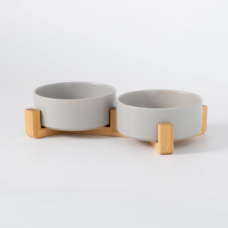Ceramic Pet Bowl Dish With Wood Stand Single and Double Bowls Pet Ceramic Double Bowl For Dog Cat Food Water Feeder