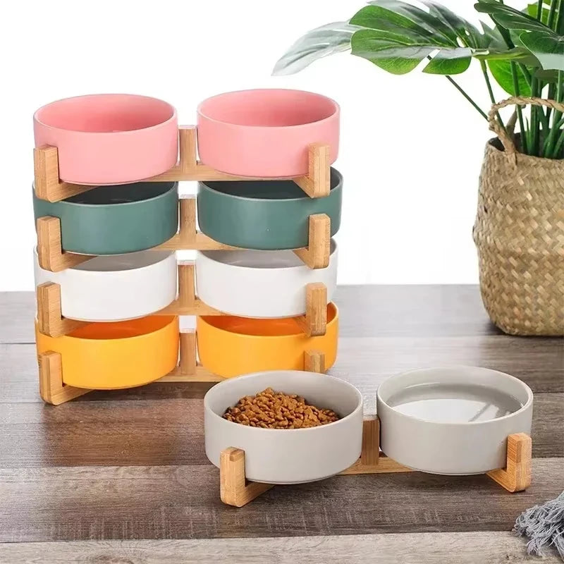 Ceramic Pet Bowl Dish With Wood Stand Single and Double Bowls Pet Ceramic Double Bowl For Dog Cat Food Water Feeder