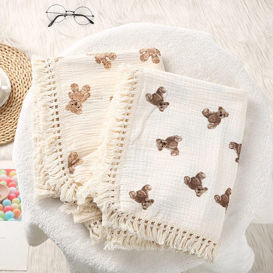 Baby Swaddle Blanket Pure Cotton Muslin Wrap Newborn Stroller Cover Soft Breathable Crib Bedding with Tassel