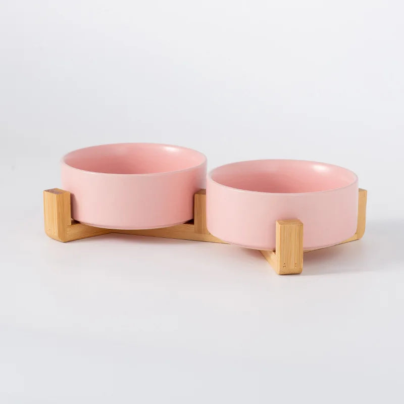 Ceramic Pet Bowl Dish With Wood Stand Single and Double Bowls Pet Ceramic Double Bowl For Dog Cat Food Water Feeder