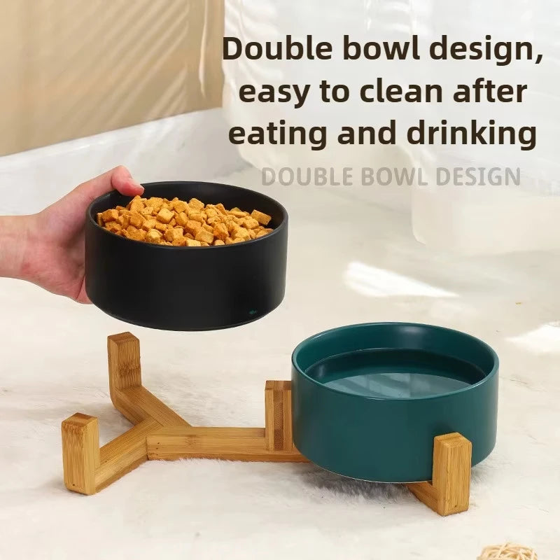 Ceramic Pet Bowl Dish With Wood Stand Single and Double Bowls Pet Ceramic Double Bowl For Dog Cat Food Water Feeder