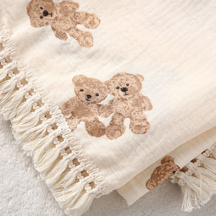 Baby Swaddle Blanket Pure Cotton Muslin Wrap Newborn Stroller Cover Soft Breathable Crib Bedding with Tassel