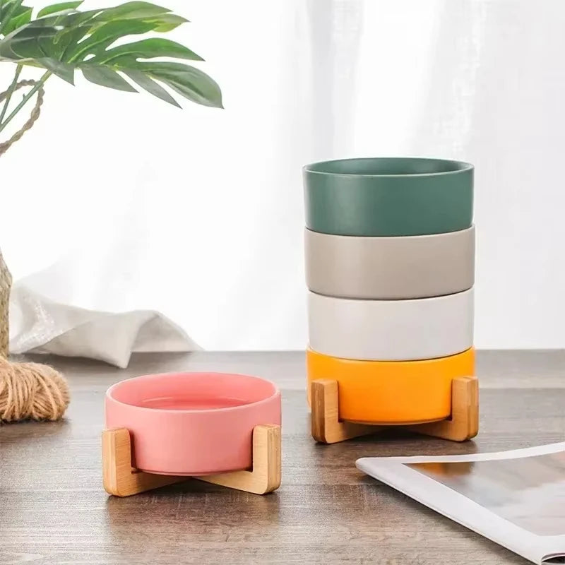 Ceramic Pet Bowl Dish With Wood Stand Single and Double Bowls Pet Ceramic Double Bowl For Dog Cat Food Water Feeder