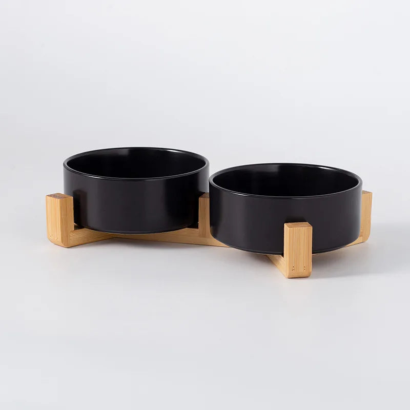 Ceramic Pet Bowl Dish With Wood Stand Single and Double Bowls Pet Ceramic Double Bowl For Dog Cat Food Water Feeder