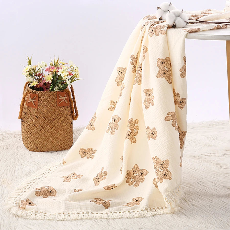 Baby Swaddle Blanket Pure Cotton Muslin Wrap Newborn Stroller Cover Soft Breathable Crib Bedding with Tassel