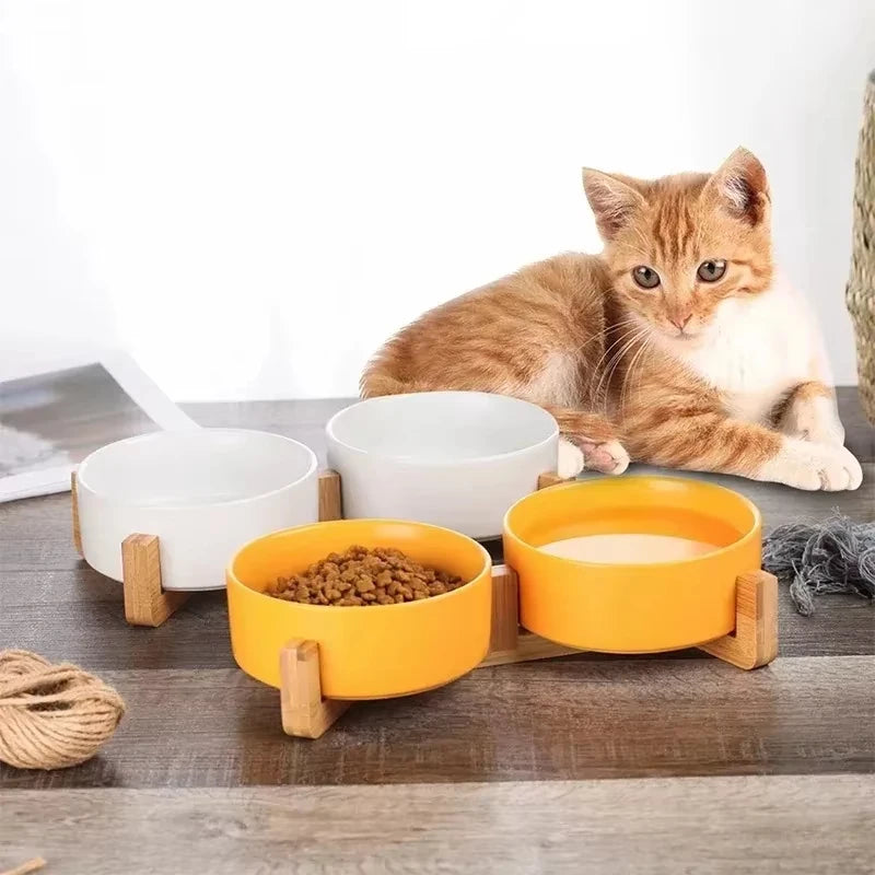 Ceramic Pet Bowl Dish With Wood Stand Single and Double Bowls Pet Ceramic Double Bowl For Dog Cat Food Water Feeder