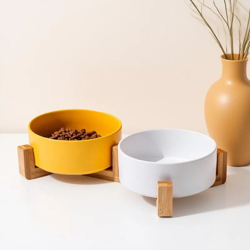 Ceramic Pet Bowl Dish With Wood Stand Single and Double Bowls Pet Ceramic Double Bowl For Dog Cat Food Water Feeder